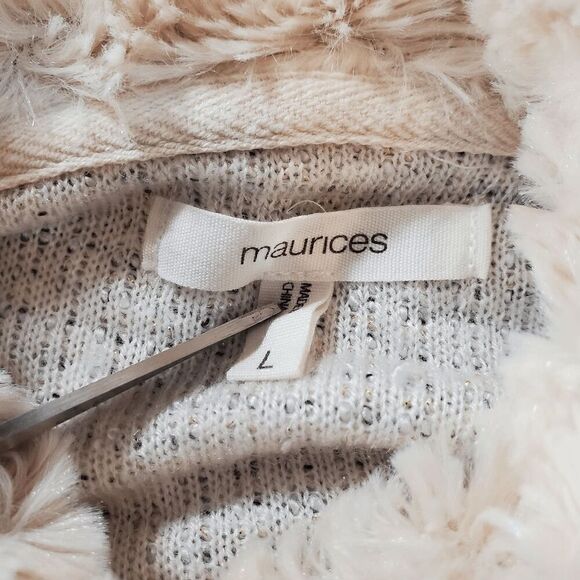 Maurices Sweater Women 7 Cream Metallic Sparkle Knit Faux Fur Cowl Neck Pullover - Picture 2 of 10